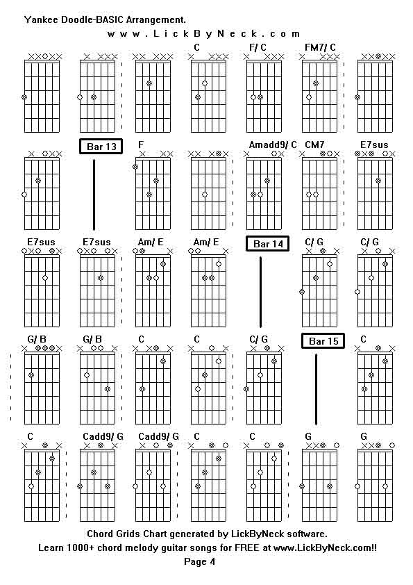 Chord Grids Chart of chord melody fingerstyle guitar song-Yankee Doodle-BASIC Arrangement,generated by LickByNeck software.